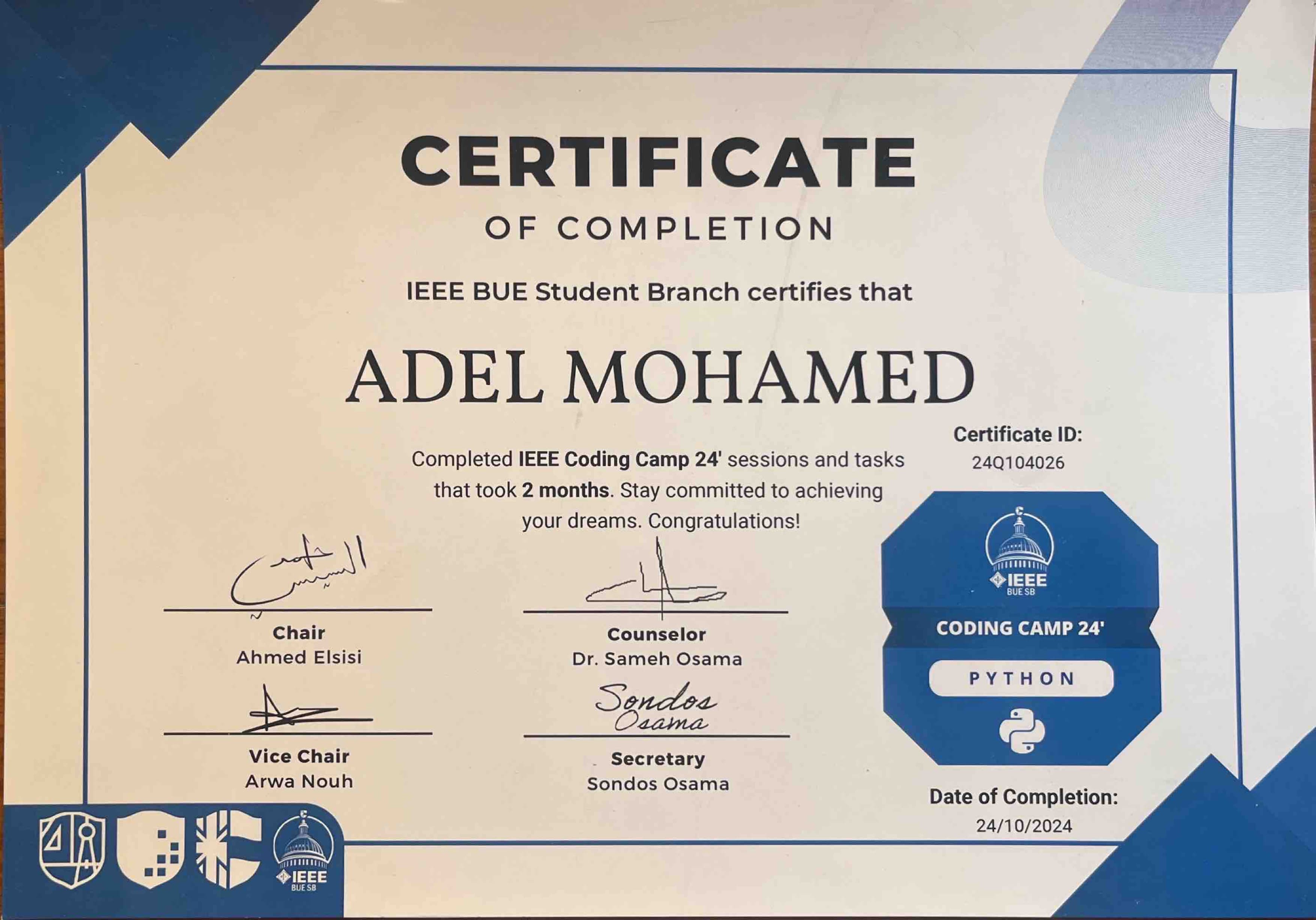 IEEE BUE Python Coding Camp certificate awarded to Adel Mohamed