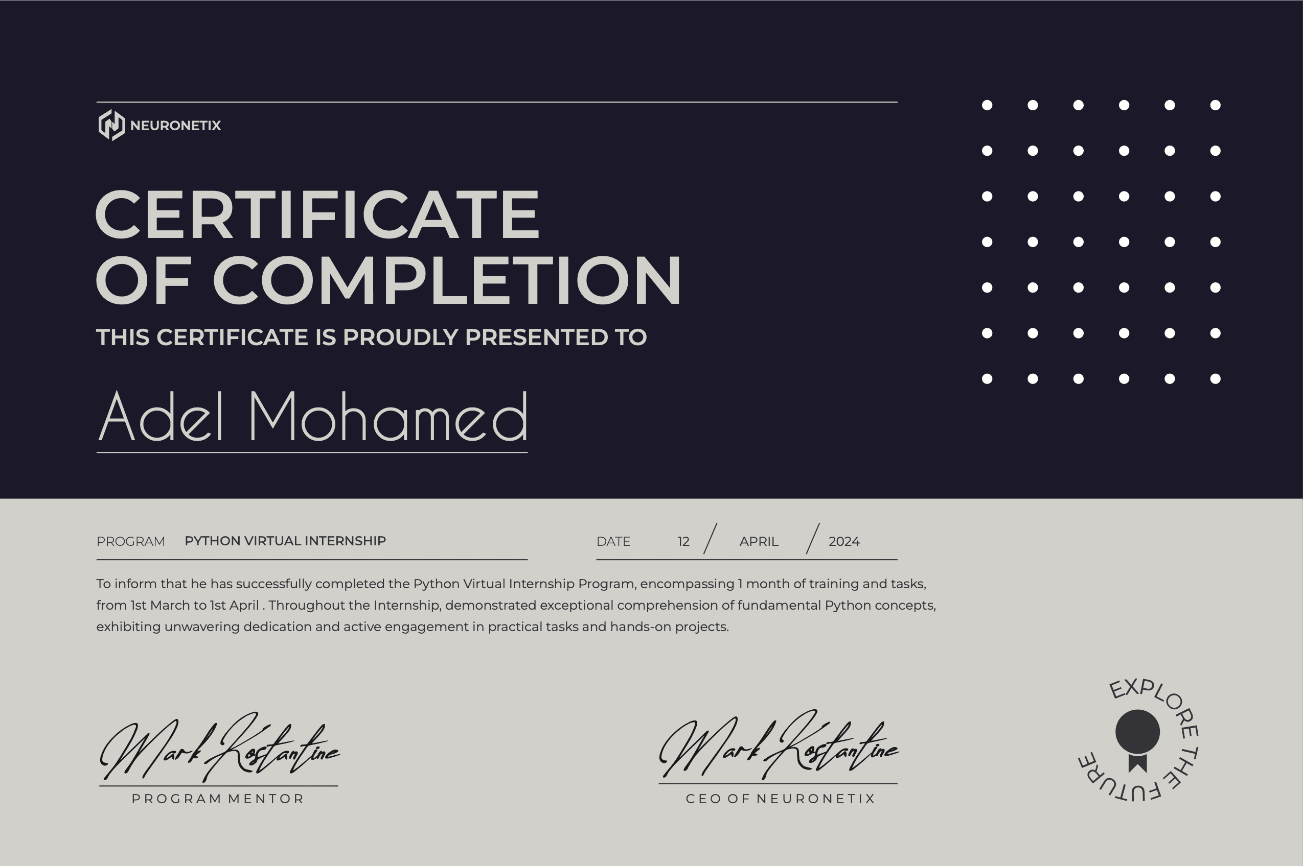 Neuronetix Python Virtual Internship certificate awarded to Adel Mohamed