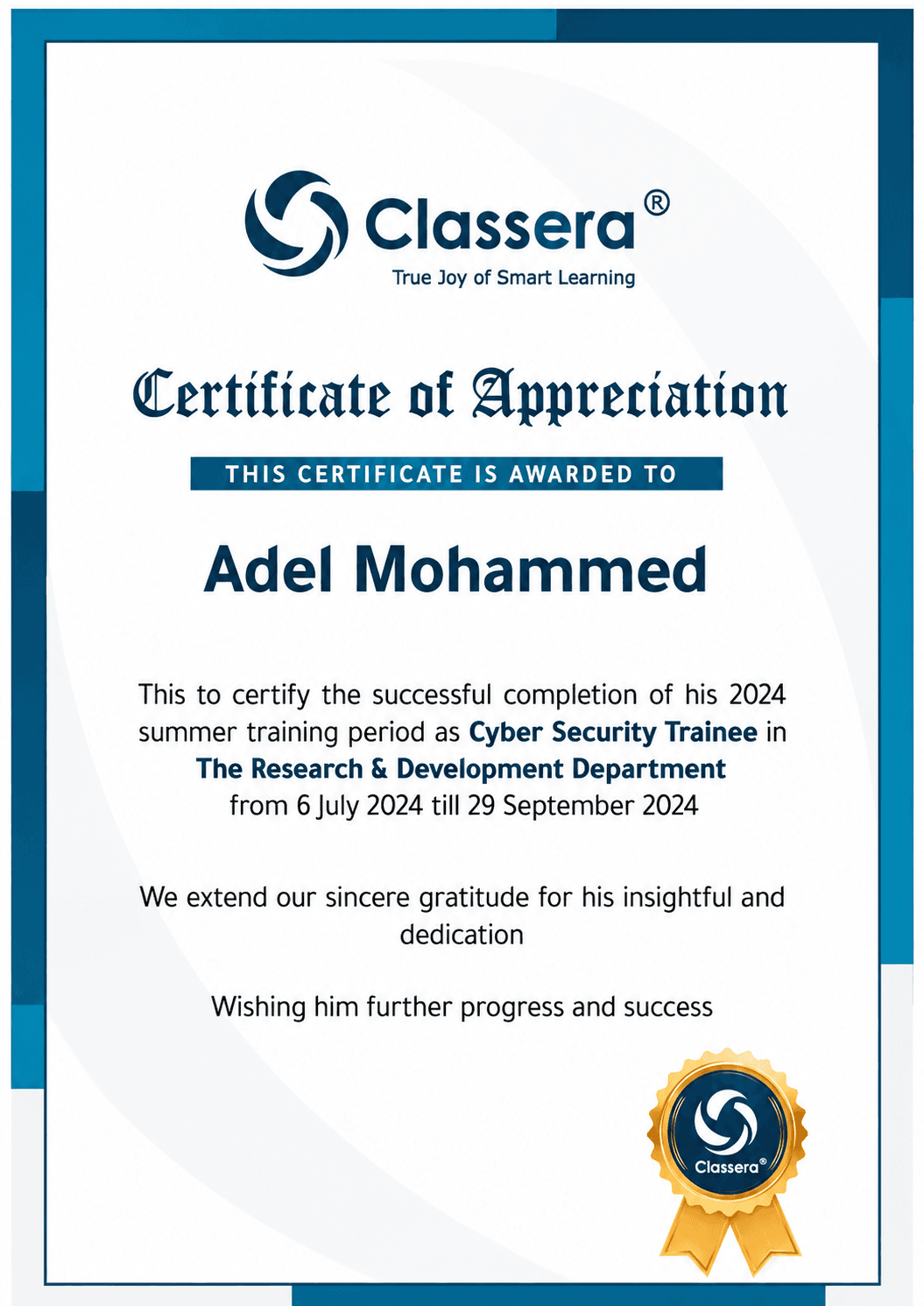 Classera certificate of appreciation for Adel Mohammed