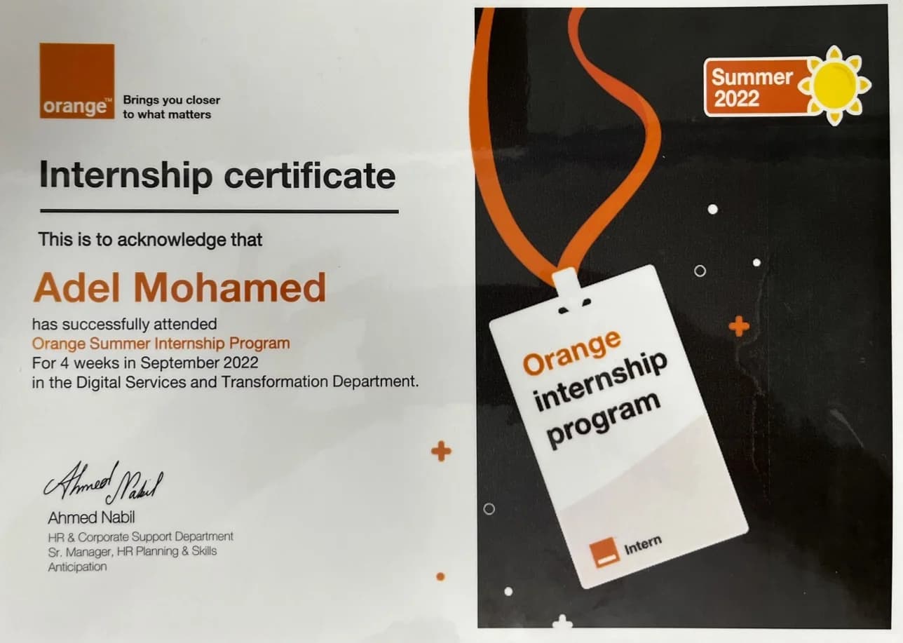 Orange Egypt Summer 2022 internship certificate awarded to Adel Mohamed
