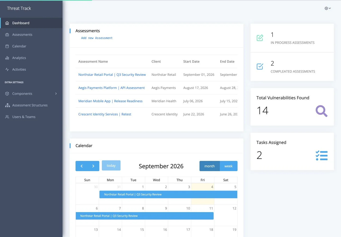Threat Track dashboard showing four assessments, assessment status totals, 14 vulnerabilities, two assigned tasks, and a September 2026 calendar.
