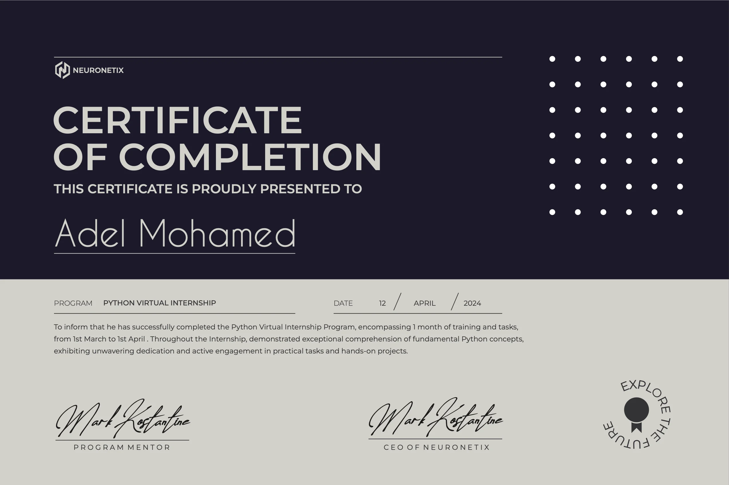 Neuronetix Python Virtual Internship certificate awarded to Adel Mohamed