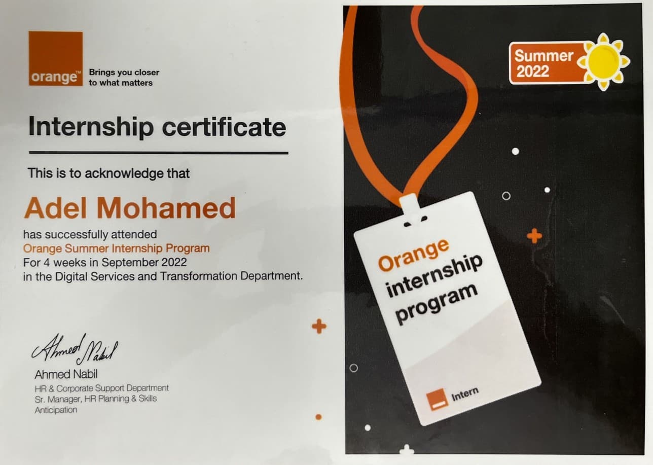 Orange Egypt Summer 2022 internship certificate awarded to Adel Mohamed