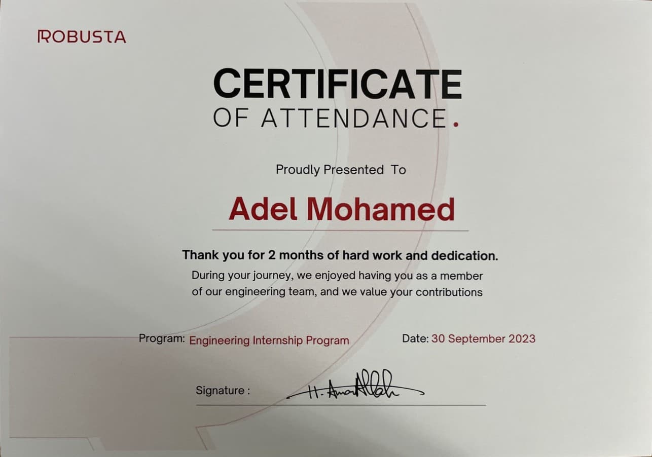 Robusta Studio engineering internship certificate awarded to Adel Mohamed
