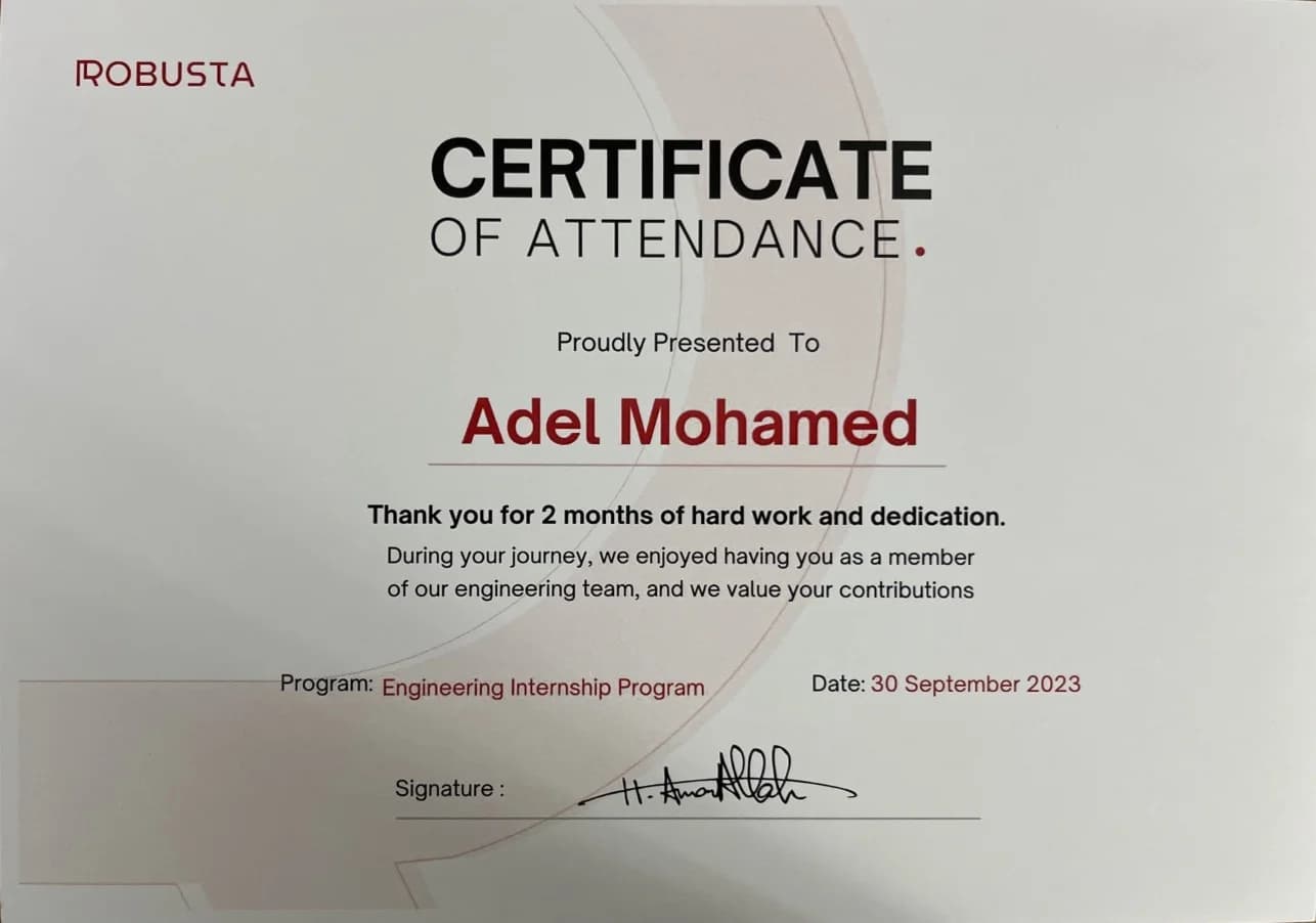 Robusta Studio engineering internship certificate awarded to Adel Mohamed